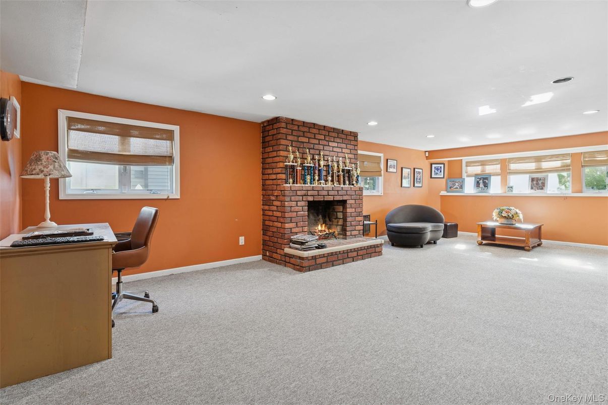 Fireplace, Home Office, Interior, Recessed Lighting, Stone Walls