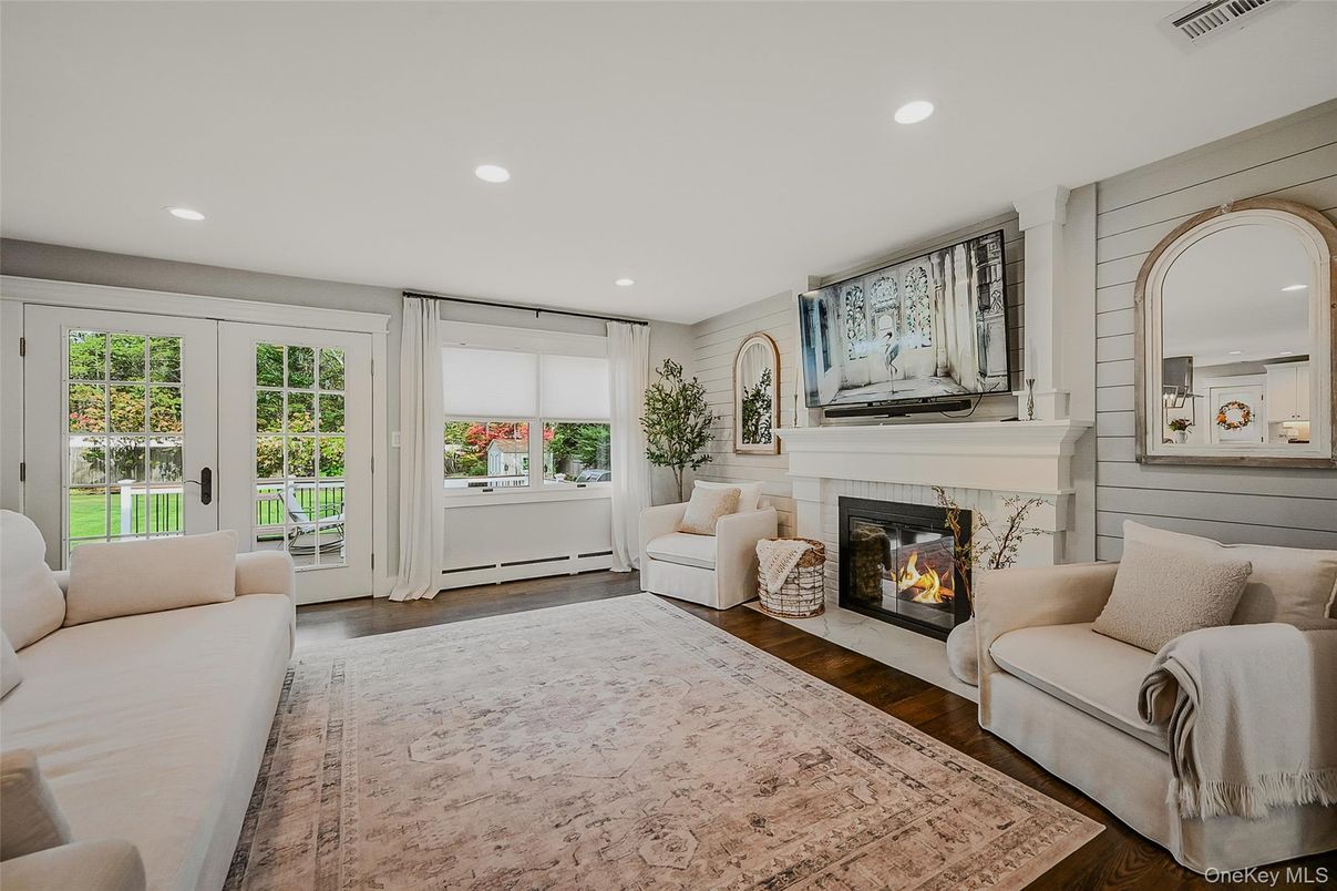 Fireplace, Interior, Living room, Recessed Lighting, Wood Texture Flooring