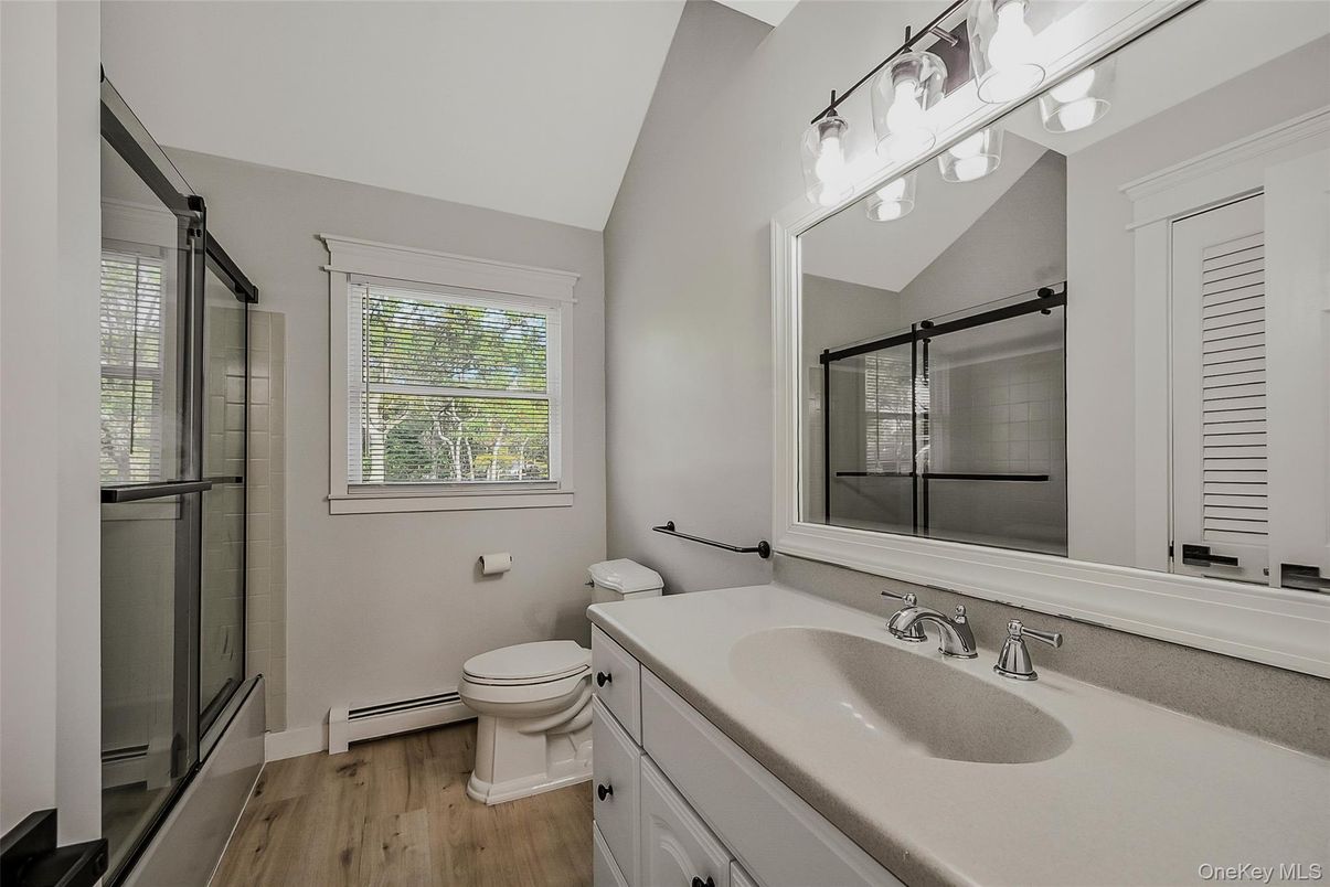 Bathroom, Glass Shower, Interior, Wood Texture Flooring