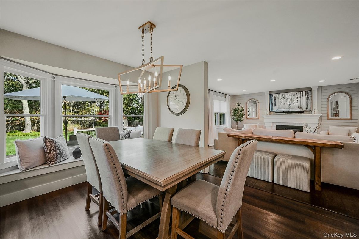 Dining room, Fireplace, Interior, Living room, Pendant Lights, Recessed Lighting, Wood Texture Flooring