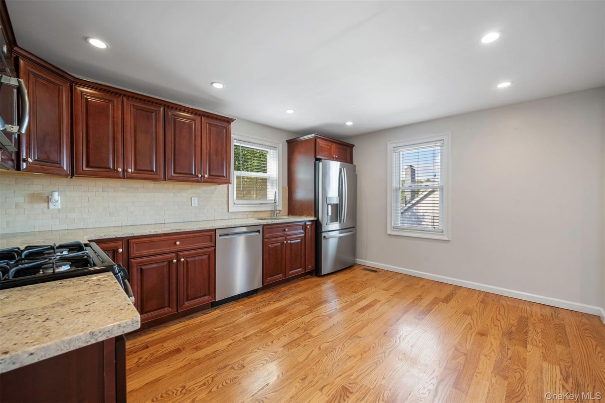Interior, Kitchen, Recessed Lighting, Stainless Steel Appliances, Wood Texture Flooring