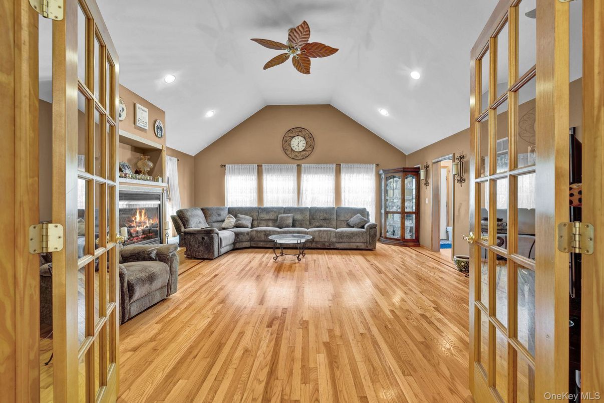Fireplace, Interior, Living room, Recessed Lighting, Wood Texture Flooring