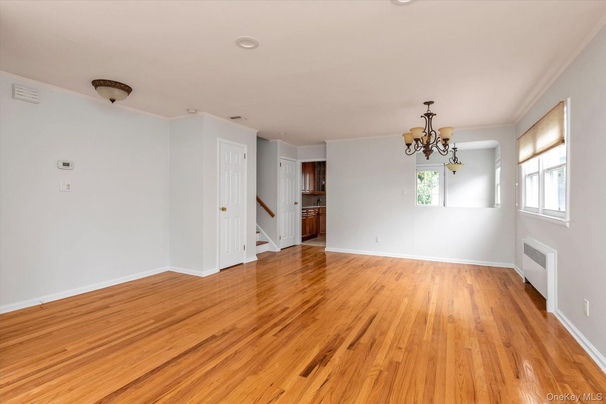 Chandelier, Empty room, Interior, Recessed Lighting, Wood Texture Flooring