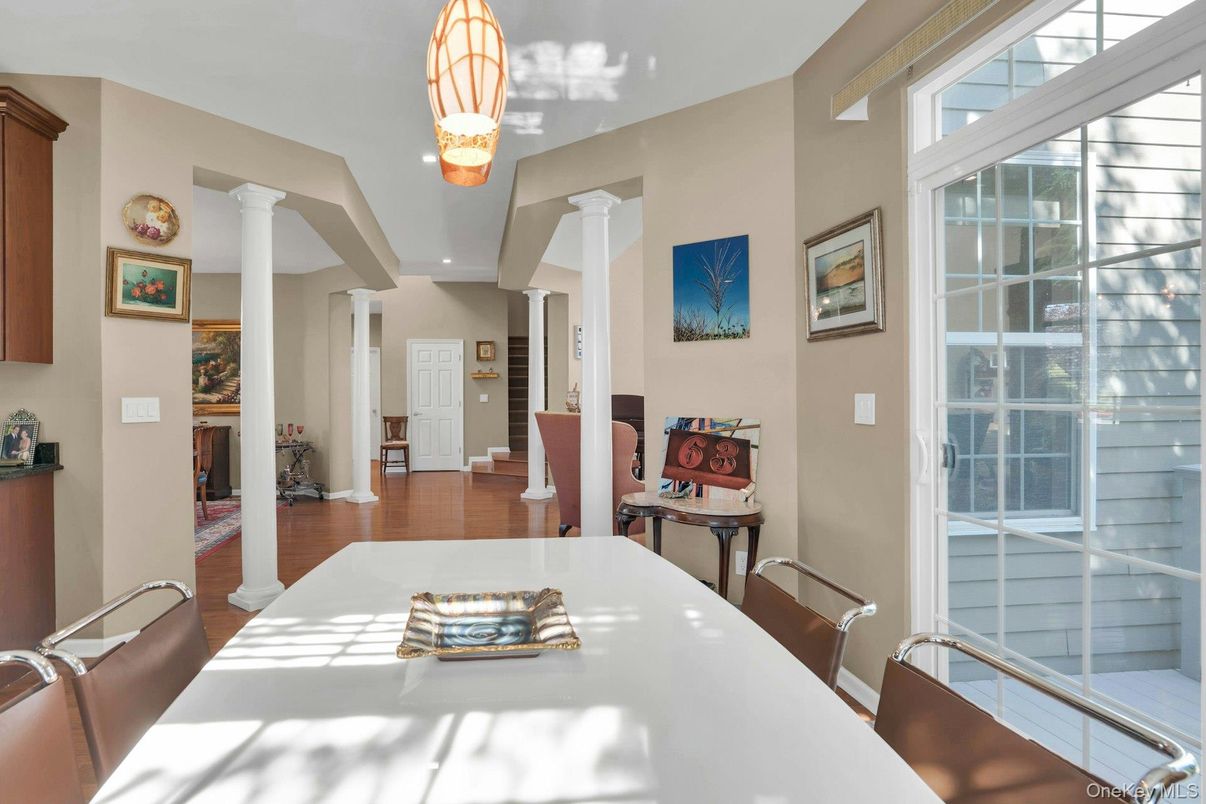 Dining room, Interior, Pendant Lights, Recessed Lighting, Wood Texture Flooring