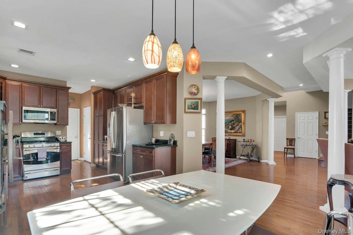 Interior, Kitchen, Pendant Lights, Recessed Lighting, Stainless Steel Appliances, Wood Texture Flooring