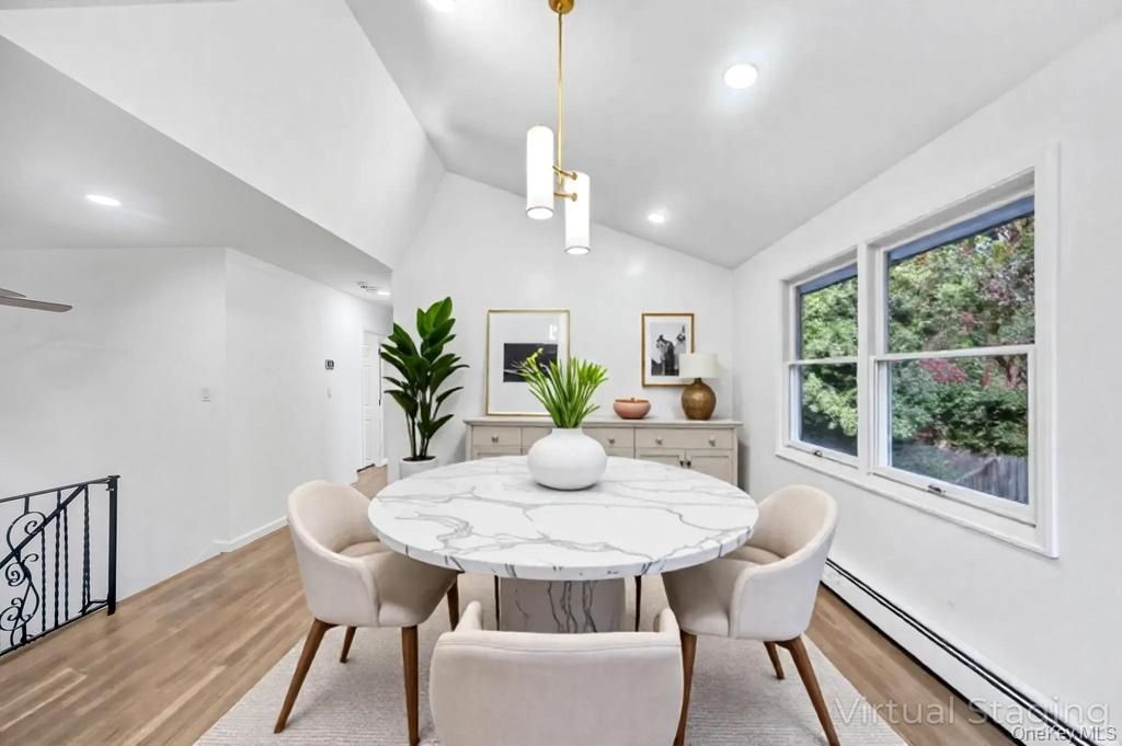 Dining room, Interior, Pendant Lights, Recessed Lighting, Wood Texture Flooring