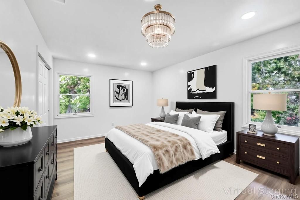 Bedroom, Chandelier, Interior, Recessed Lighting, Wood Texture Flooring