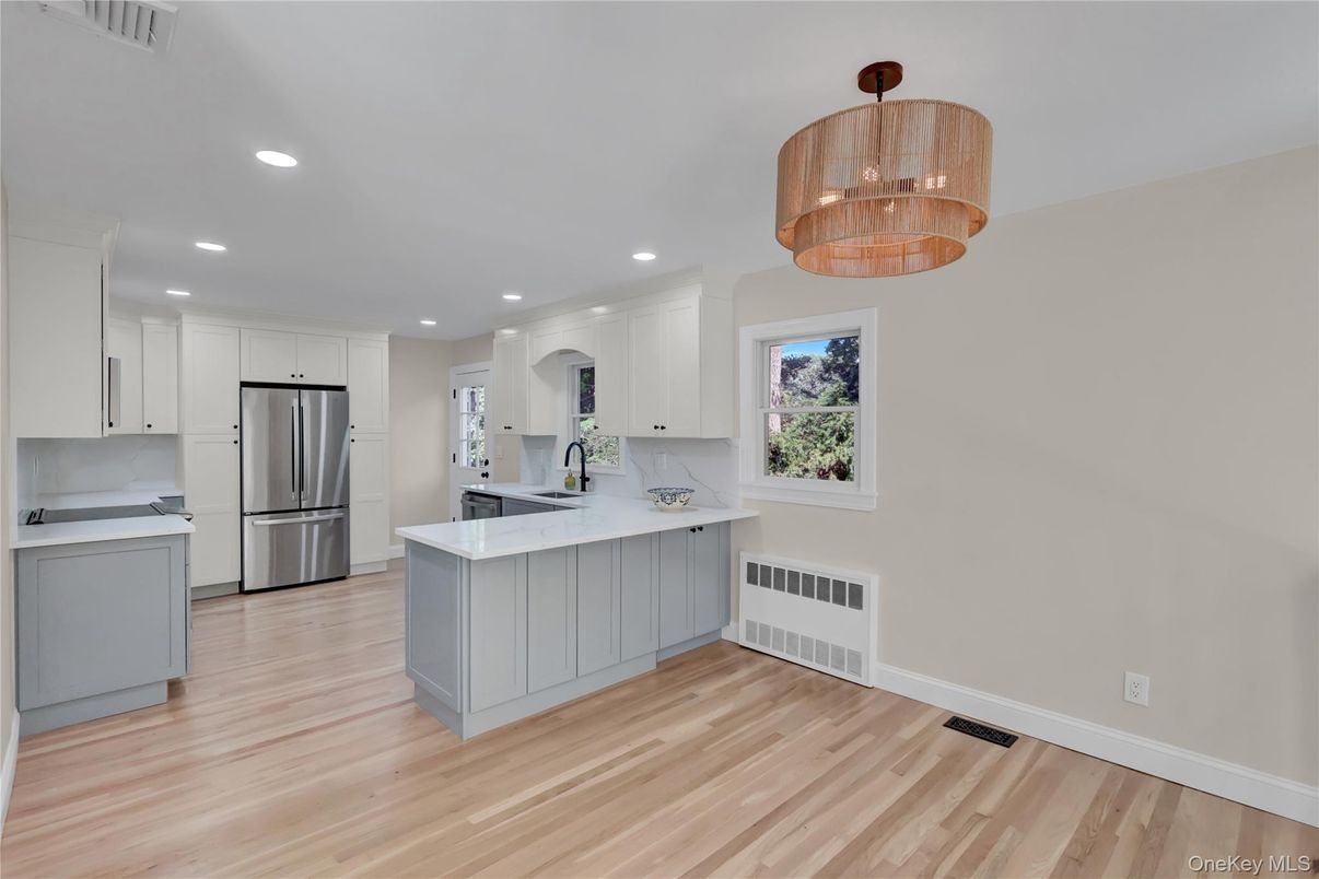 Chandelier, Interior, Kitchen, Recessed Lighting, Stainless Steel Appliances, Wood Texture Flooring