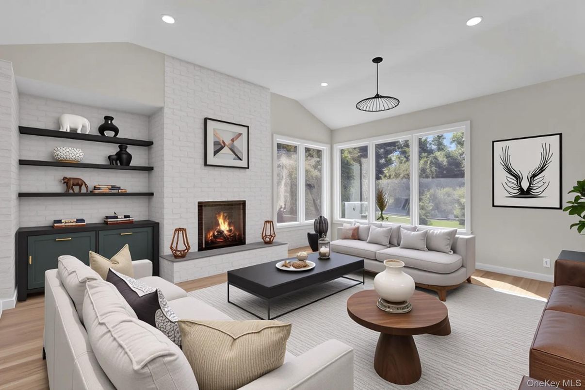 Fireplace, Interior, Living room, Pendant Lights, Recessed Lighting, Stone Walls, Wood Texture Flooring