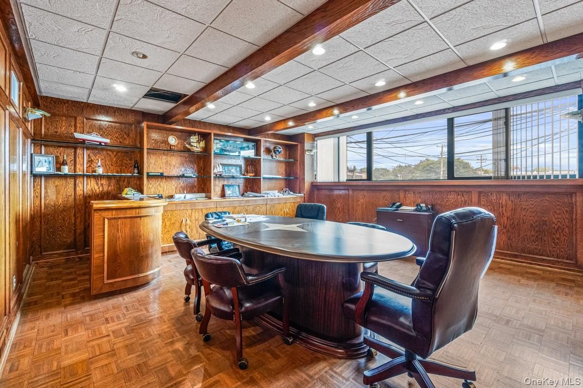 Home Office, Interior, Recessed Lighting, Wooden Beams, Wood Texture Flooring, Wooden Walls
