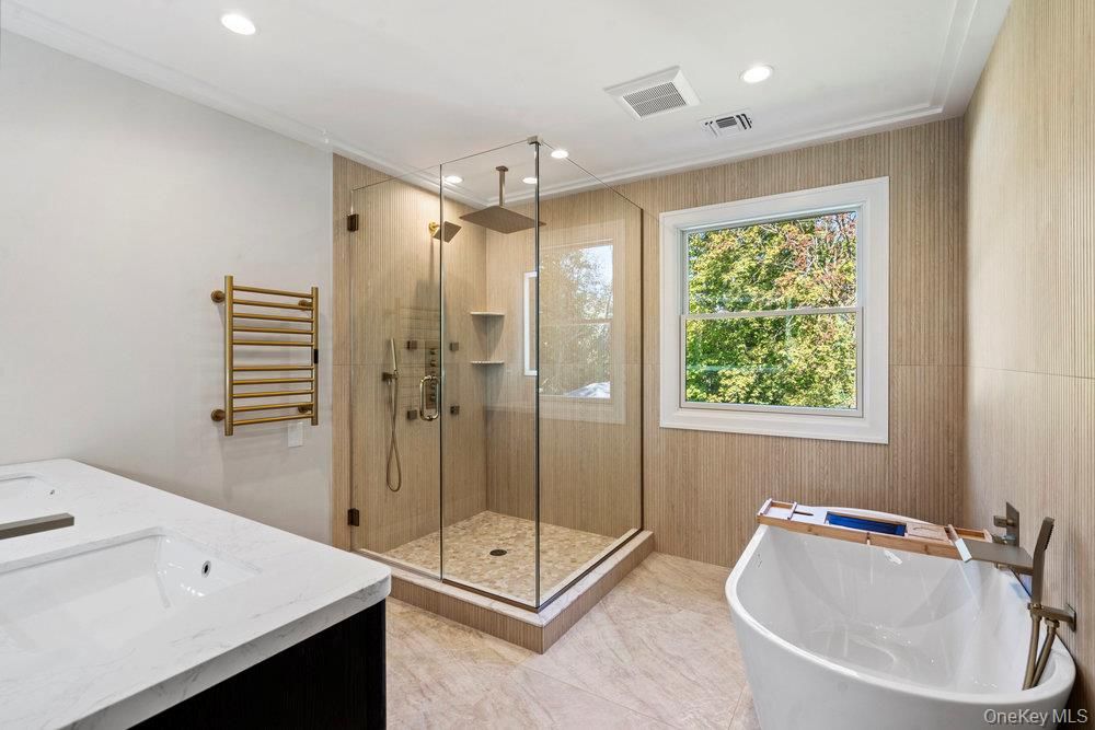 Bathroom, Free Standing Baths, Glass Shower, Interior, Recessed Lighting