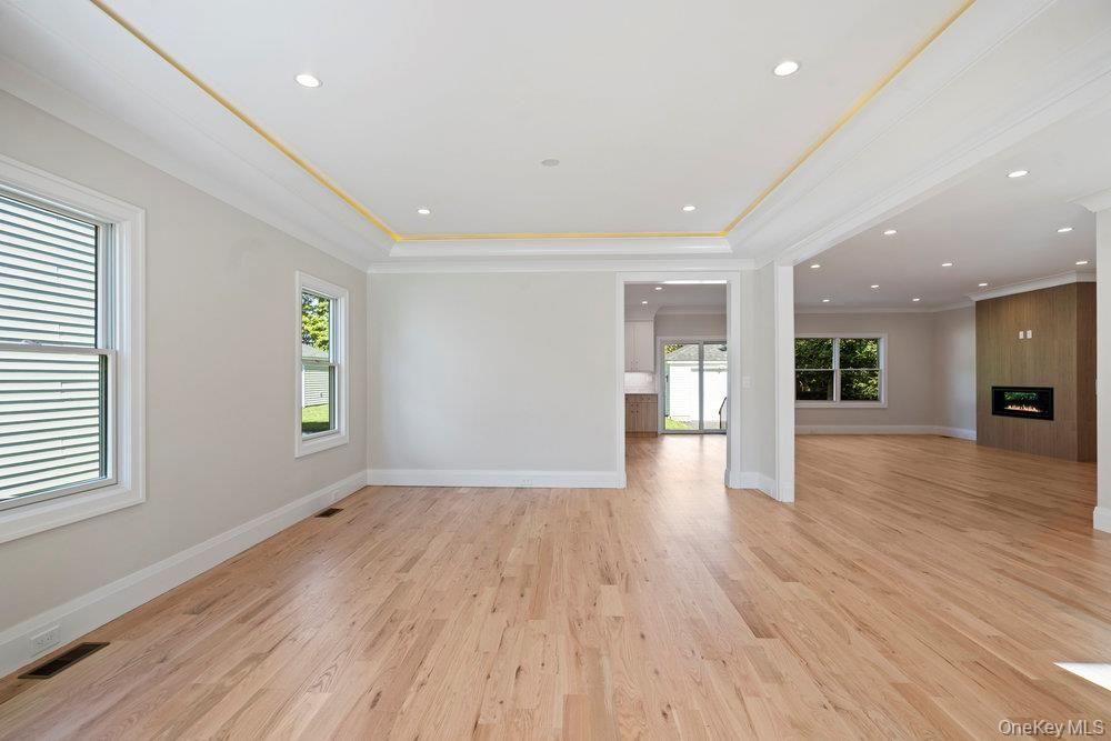 Empty room, Fireplace, Interior, Recessed Lighting, Wood Texture Flooring