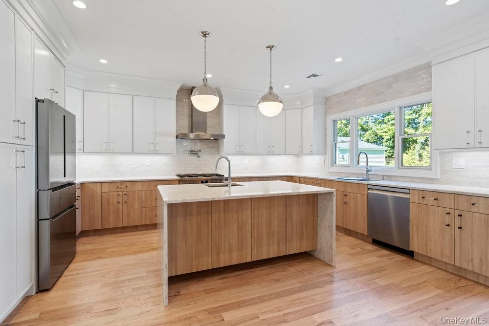 Interior, Kitchen, Pendant Lights, Recessed Lighting, Stainless Steel Appliances, Wood Texture Flooring
