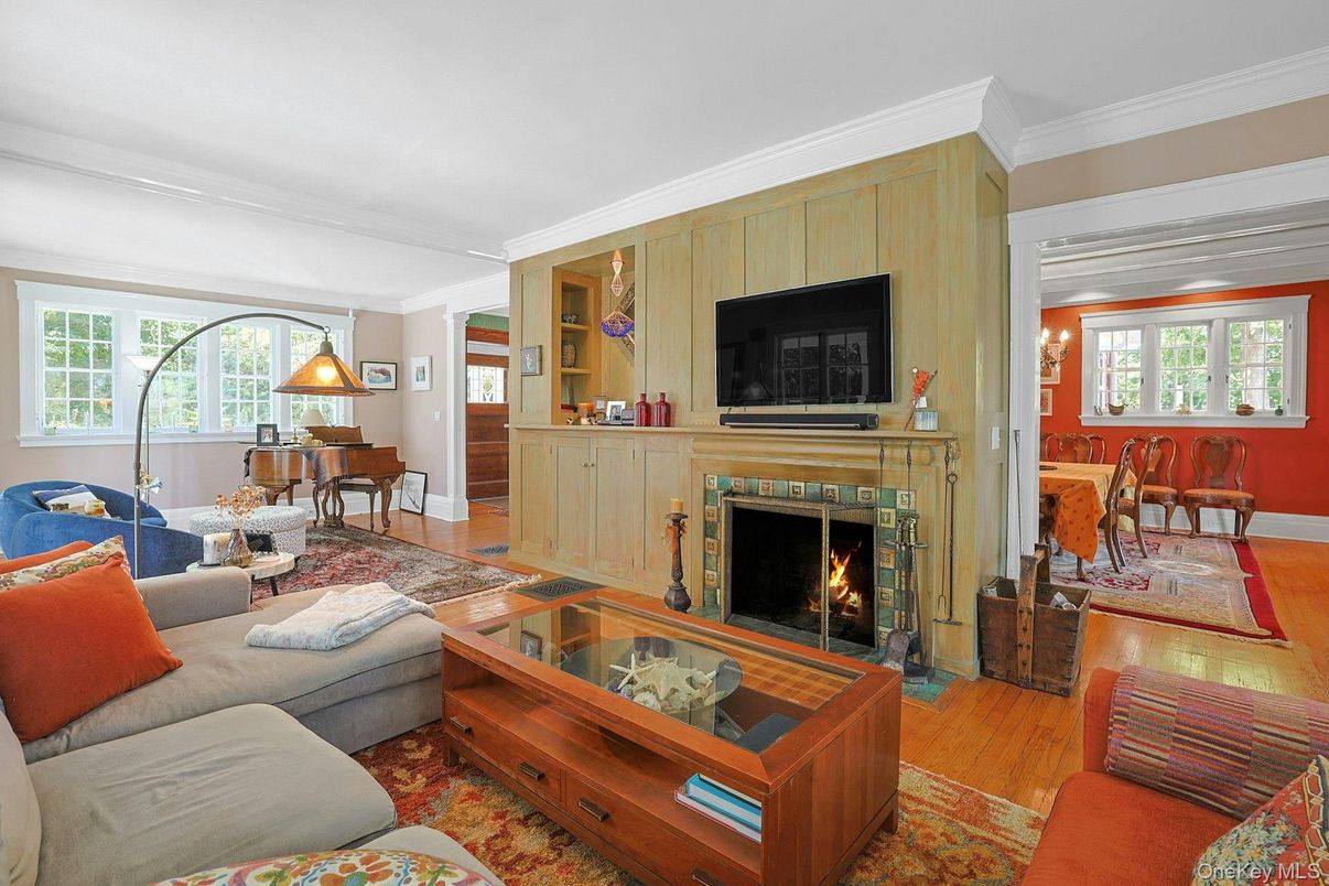 Dining room, Fireplace, Interior, Living room, Piano, Wood Texture Flooring