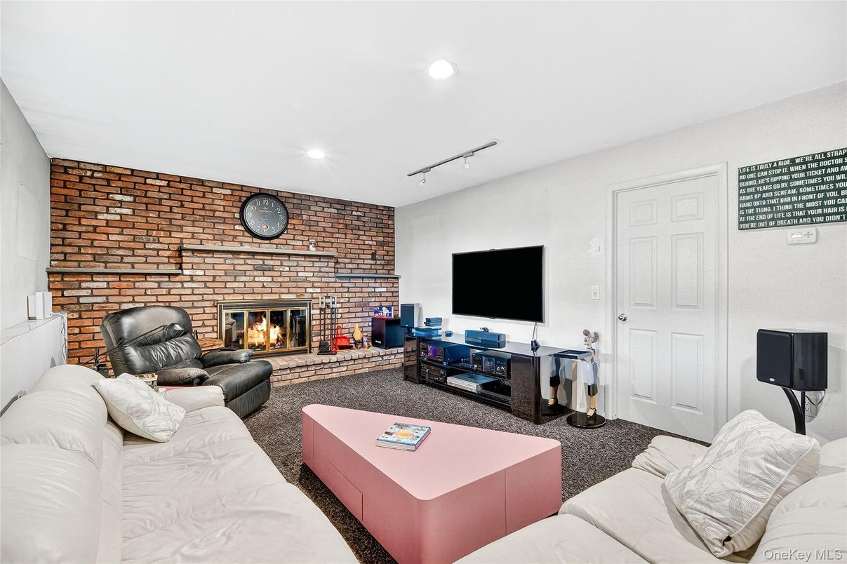 Fireplace, Interior, Living room, Recessed Lighting, Stone Walls