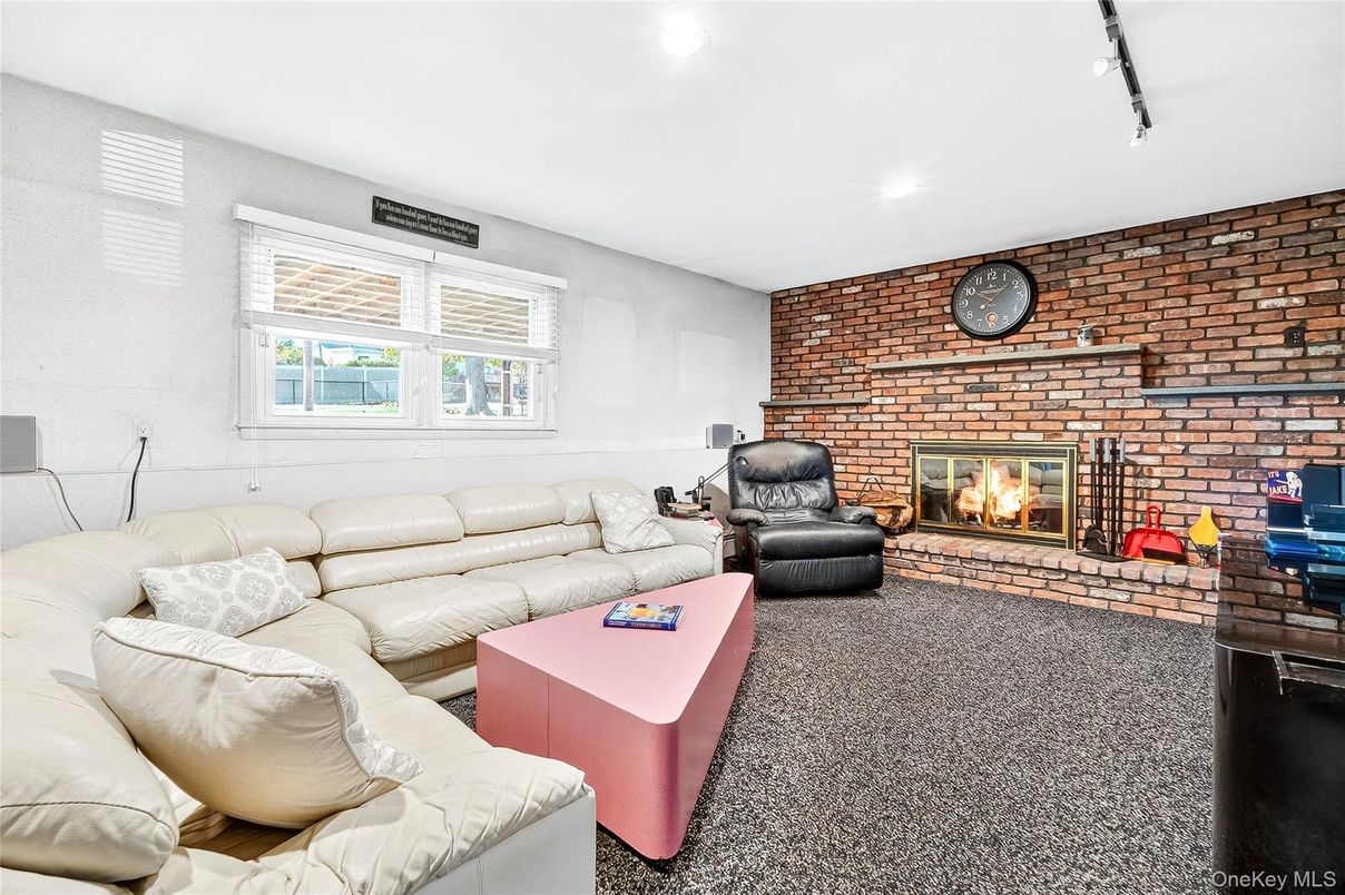 Fireplace, Interior, Living room, Recessed Lighting, Stone Walls