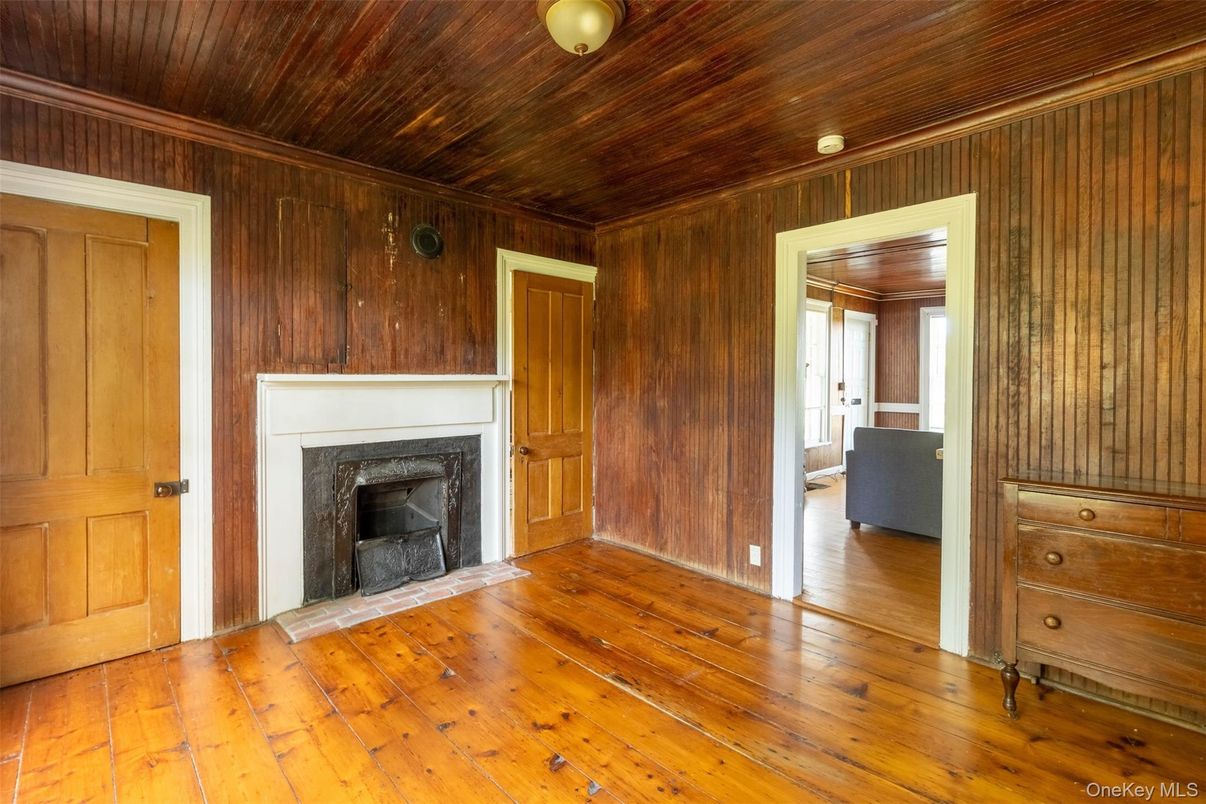 Empty room, Fireplace, Interior, Wooden Ceilings, Wood Texture Flooring, Wooden Walls