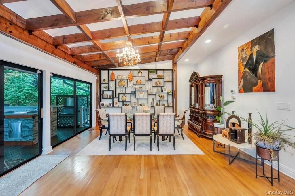 Chandelier, Dining room, Interior, Recessed Lighting, Wooden Beams, Wood Texture Flooring