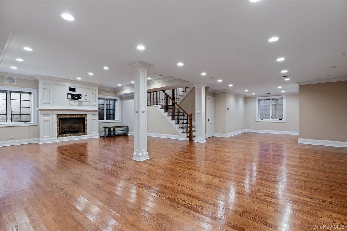 Empty room, Fireplace, Interior, Recessed Lighting, Wood Texture Flooring