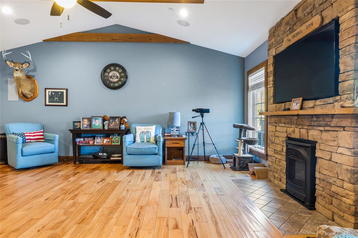 Fireplace, Interior, Recessed Lighting, Stone Walls, Wooden Beams, Wood Texture Flooring