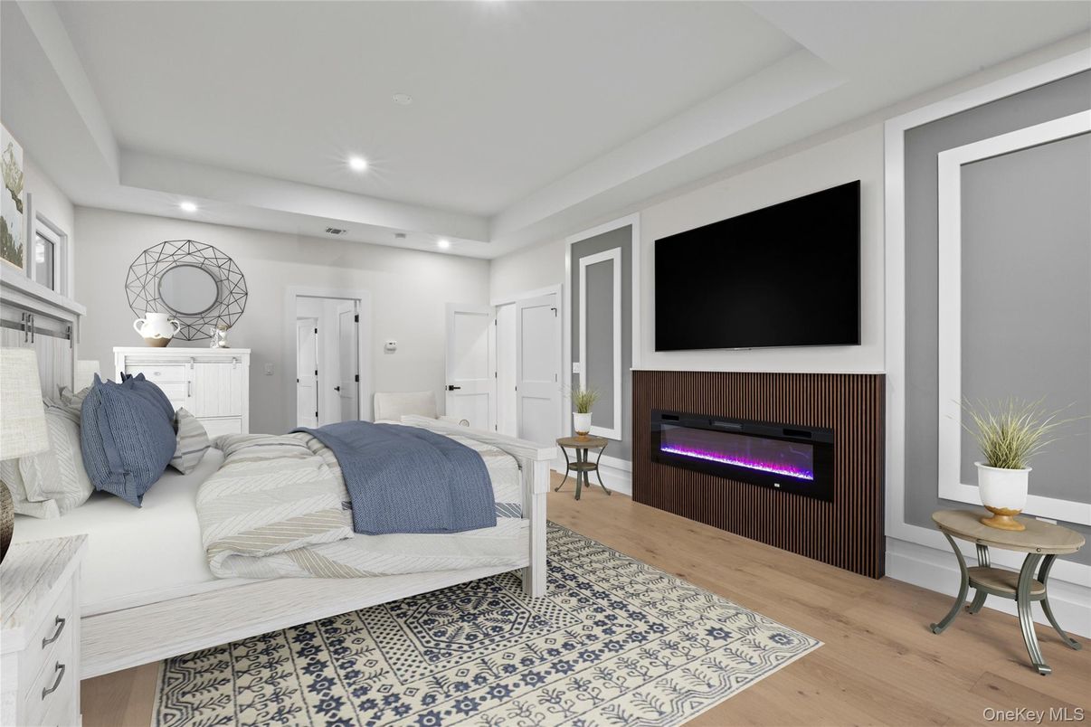 Bedroom, Fireplace, Interior, Recessed Lighting, Wood Texture Flooring