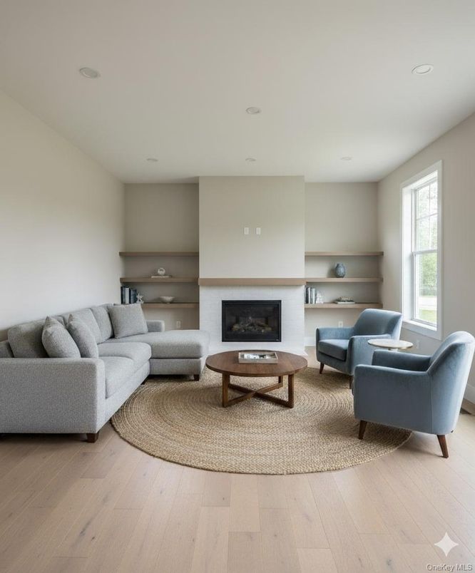 Fireplace, Interior, Living room, Recessed Lighting, Wood Texture Flooring