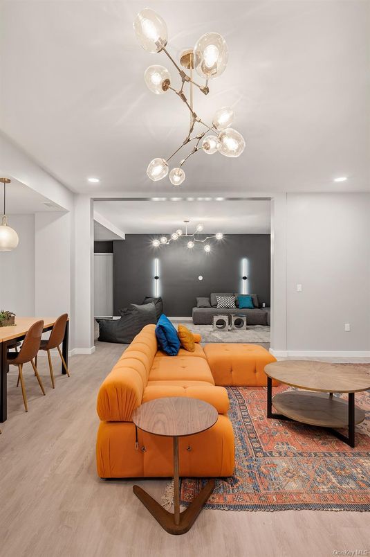 Dining room, Interior, Living room, Pendant Lights, Recessed Lighting, Wood Texture Flooring