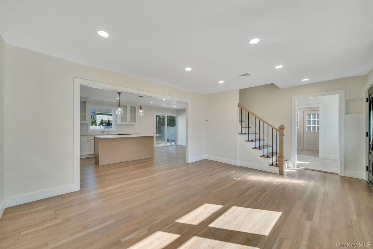 Empty room, Interior, Kitchen, Pendant Lights, Recessed Lighting, Wood Texture Flooring
