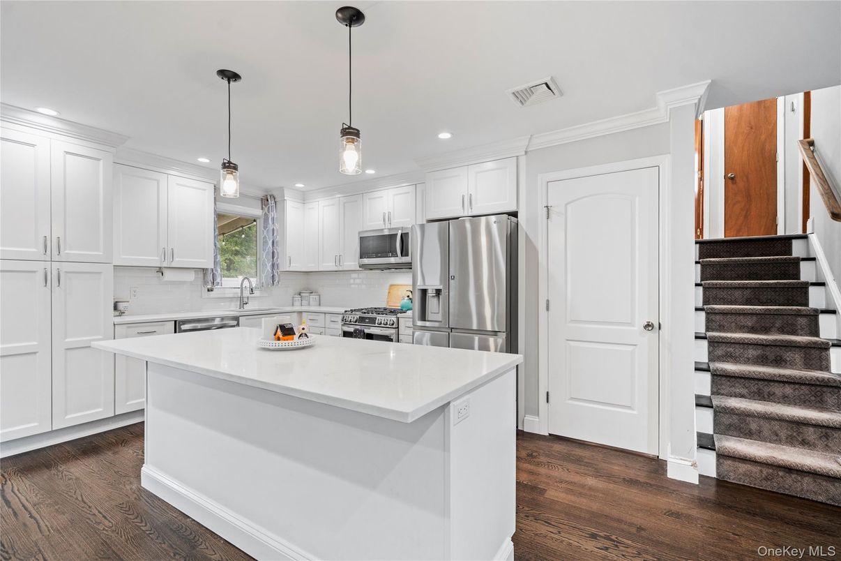 Interior, Kitchen, Pendant Lights, Recessed Lighting, Stainless Steel Appliances, Wood Texture Flooring