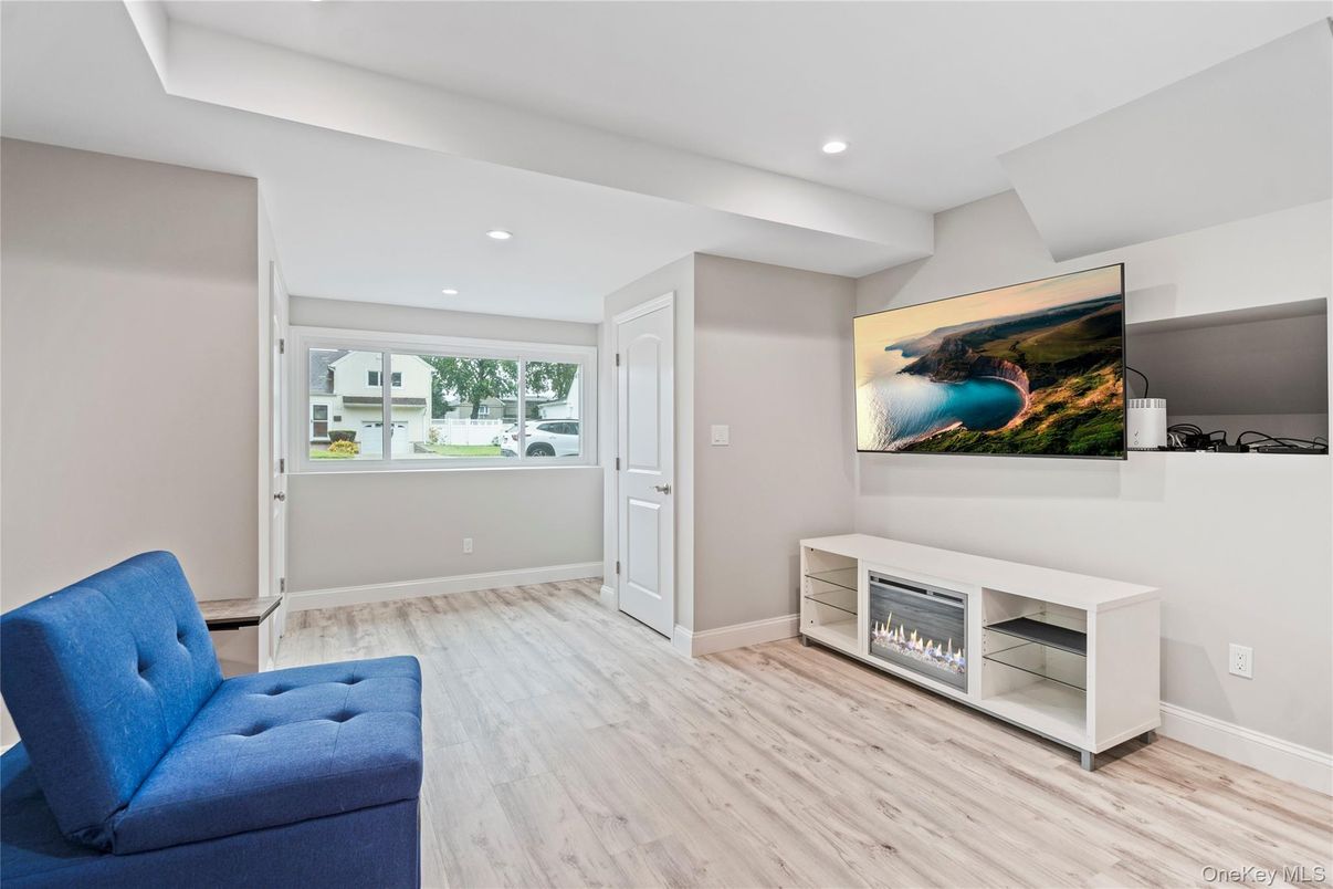 Fireplace, Interior, Recessed Lighting, Wood Texture Flooring
