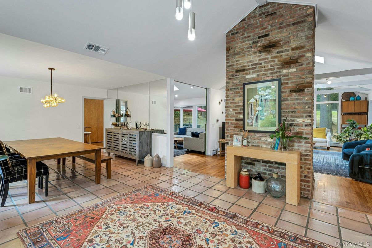 Dining room, Fireplace, Interior, Living room, Pendant Lights, Stone Walls