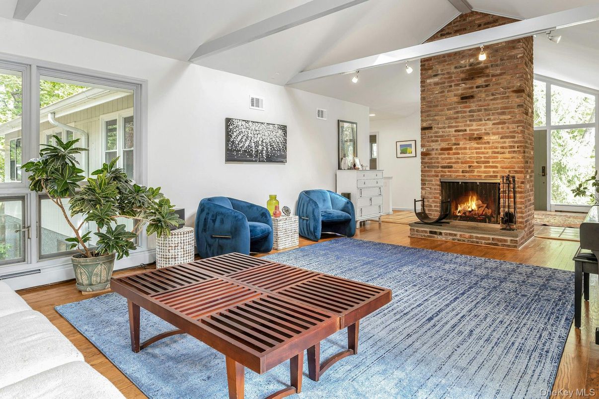 Fireplace, Interior, Living room, Stone Walls, Wood Texture Flooring