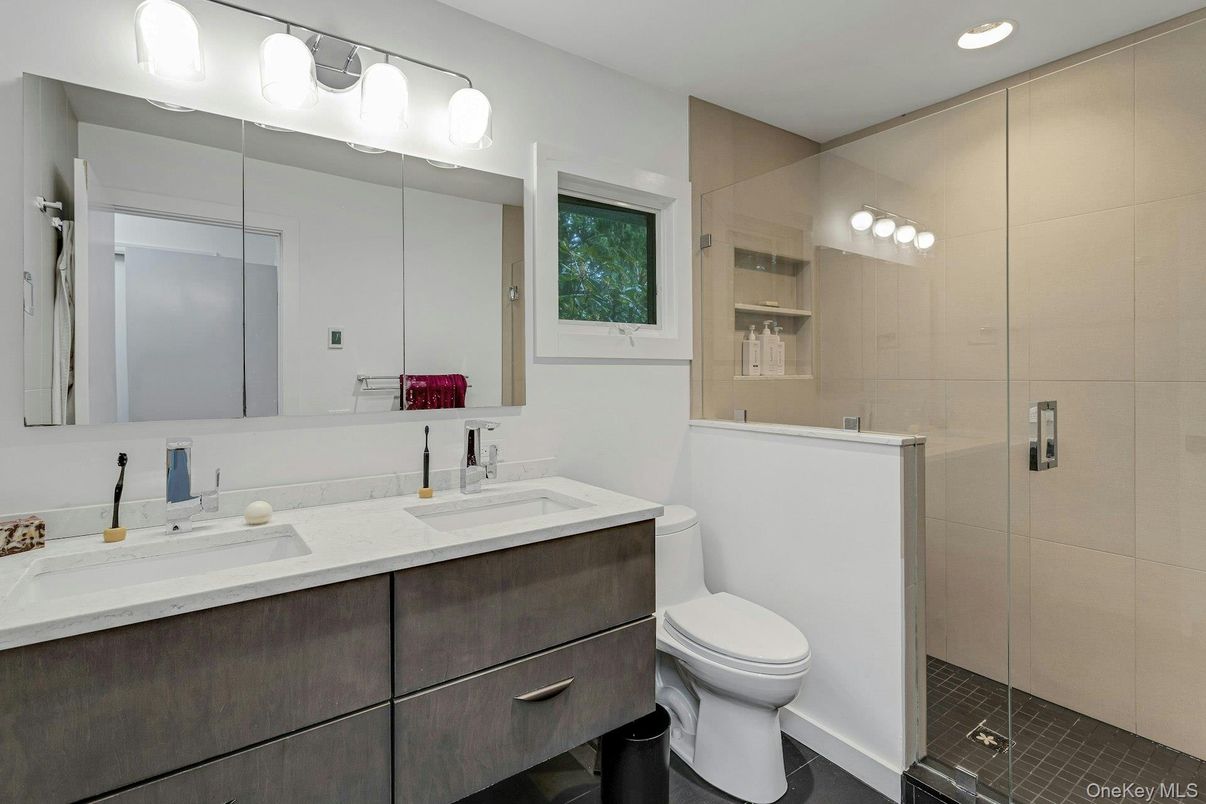 Bathroom, Dual Sink Vanities, Glass Shower, Interior, Recessed Lighting