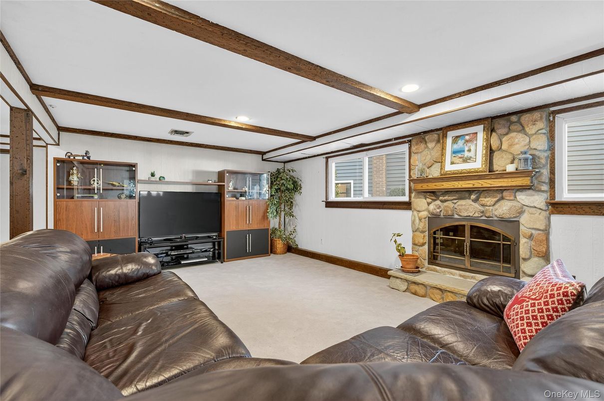 Fireplace, Interior, Living room, Recessed Lighting, Stone Walls, Wooden Beams