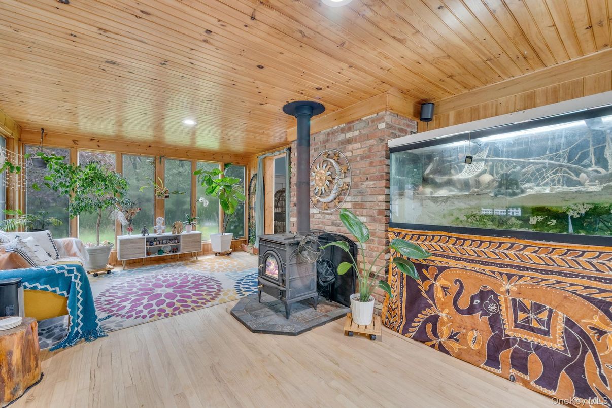 Fireplace, Interior, Recessed Lighting, Stone Walls, Wooden Ceilings, Wood Texture Flooring