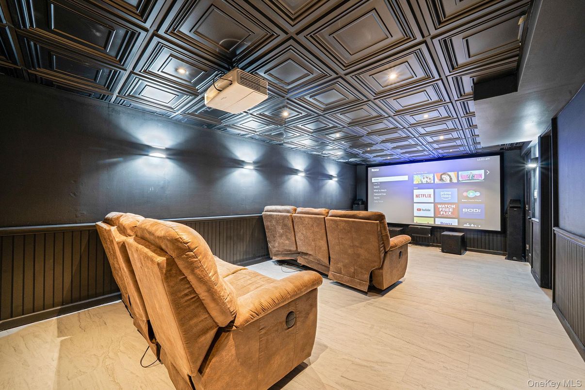 Interior, Projection Screen, Recessed Lighting, Theatre Room, Wood Texture Flooring