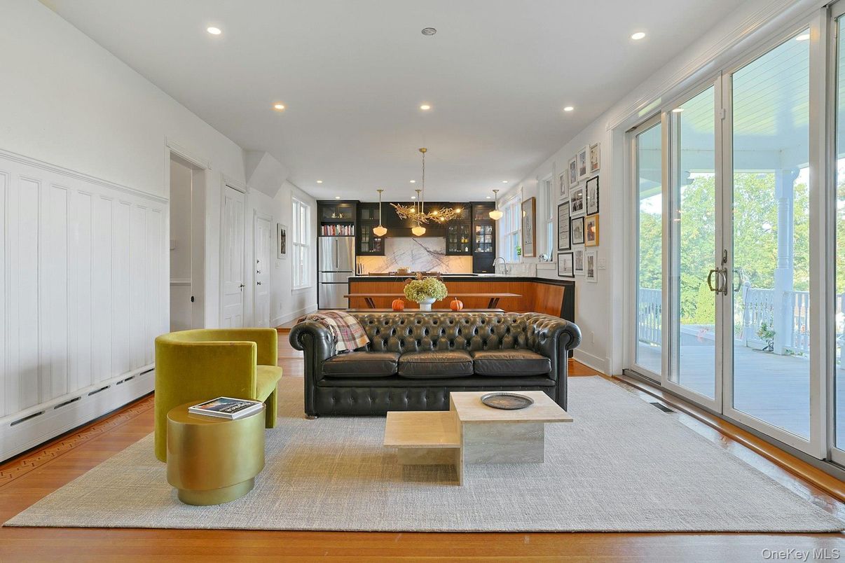 Interior, Kitchen, Marble Walls, Pendant Lights, Recessed Lighting, Stainless Steel Appliances, Wood Texture Flooring