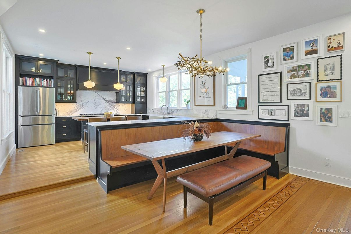 Dining room, Interior, Kitchen, Pendant Lights, Recessed Lighting, Stainless Steel Appliances, Wood Texture Flooring
