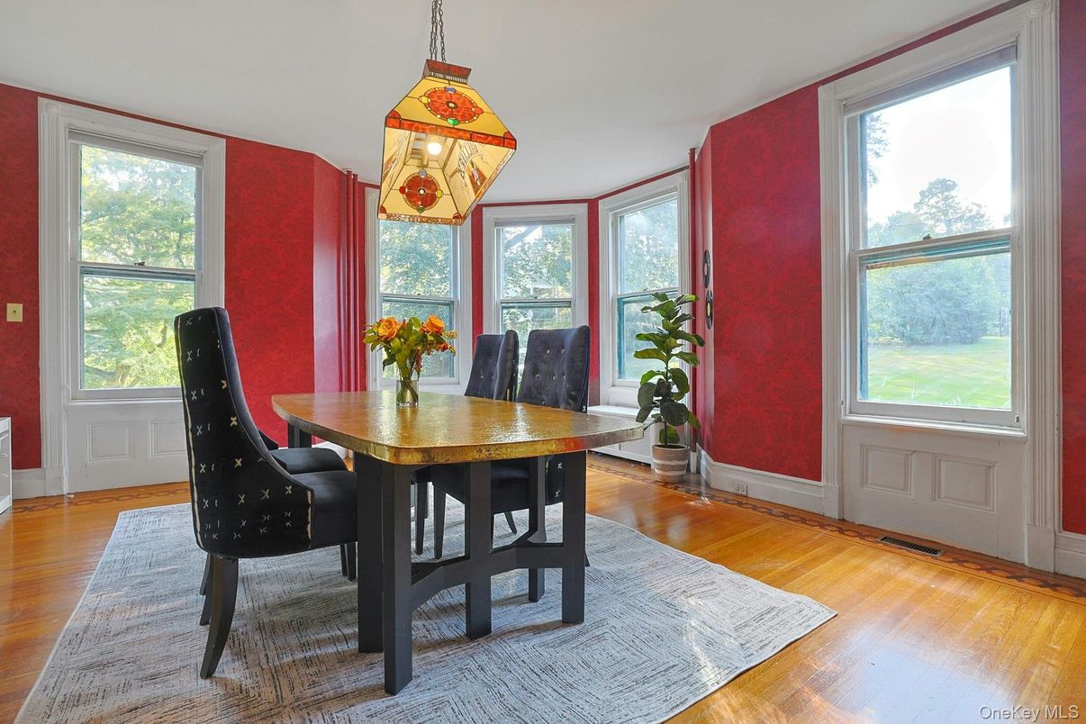 Dining room, Interior, Pendant Lights, Wood Texture Flooring