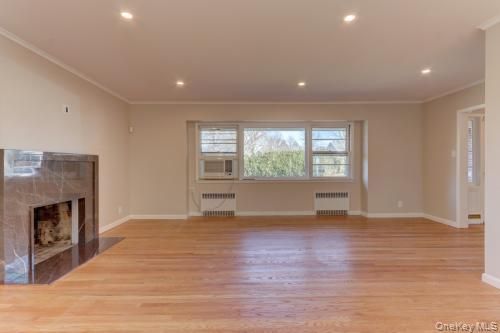 Empty room, Fireplace, Interior, Recessed Lighting, Wood Texture Flooring