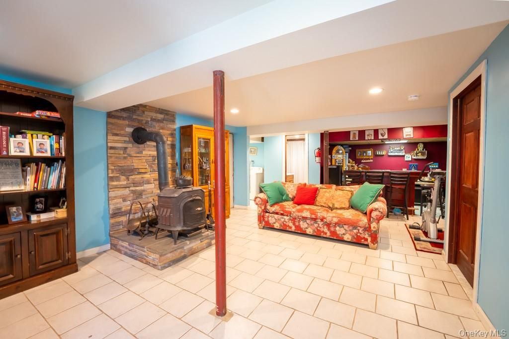 Fireplace, Home Office, Interior, Recessed Lighting, Stone Walls, Wooden Walls