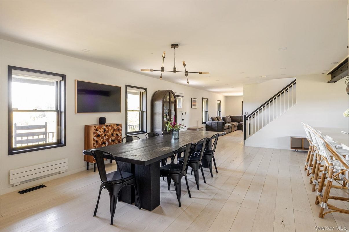 Dining room, Interior, Pendant Lights, Recessed Lighting, Wood Texture Flooring