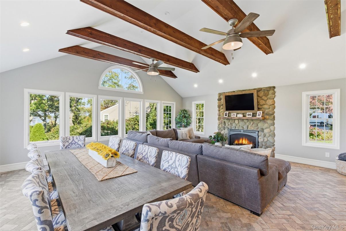 Dining room, Fireplace, Interior, Living room, Recessed Lighting, Wooden Beams