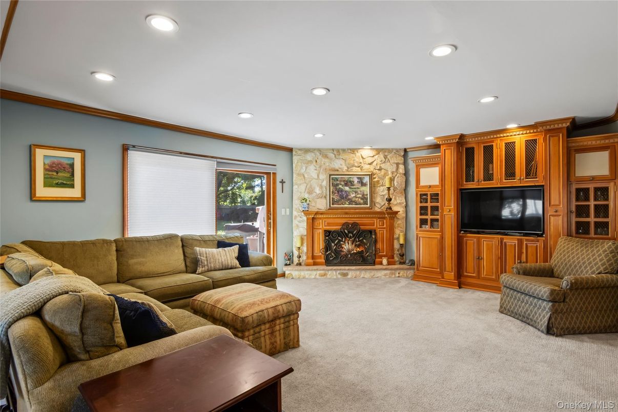 Fireplace, Interior, Living room, Recessed Lighting, Stone Walls