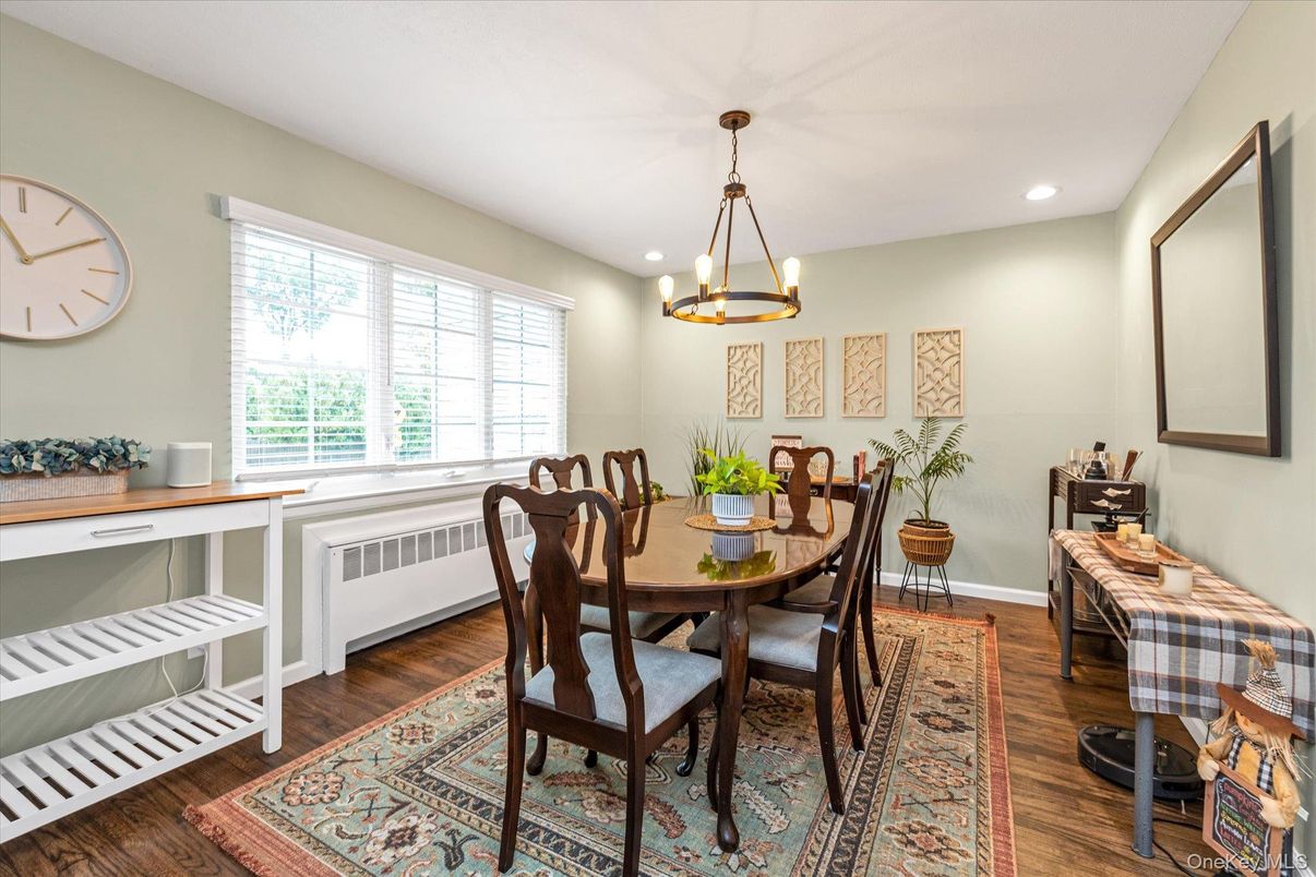 Dining room, Interior, Pendant Lights, Recessed Lighting, Wood Texture Flooring