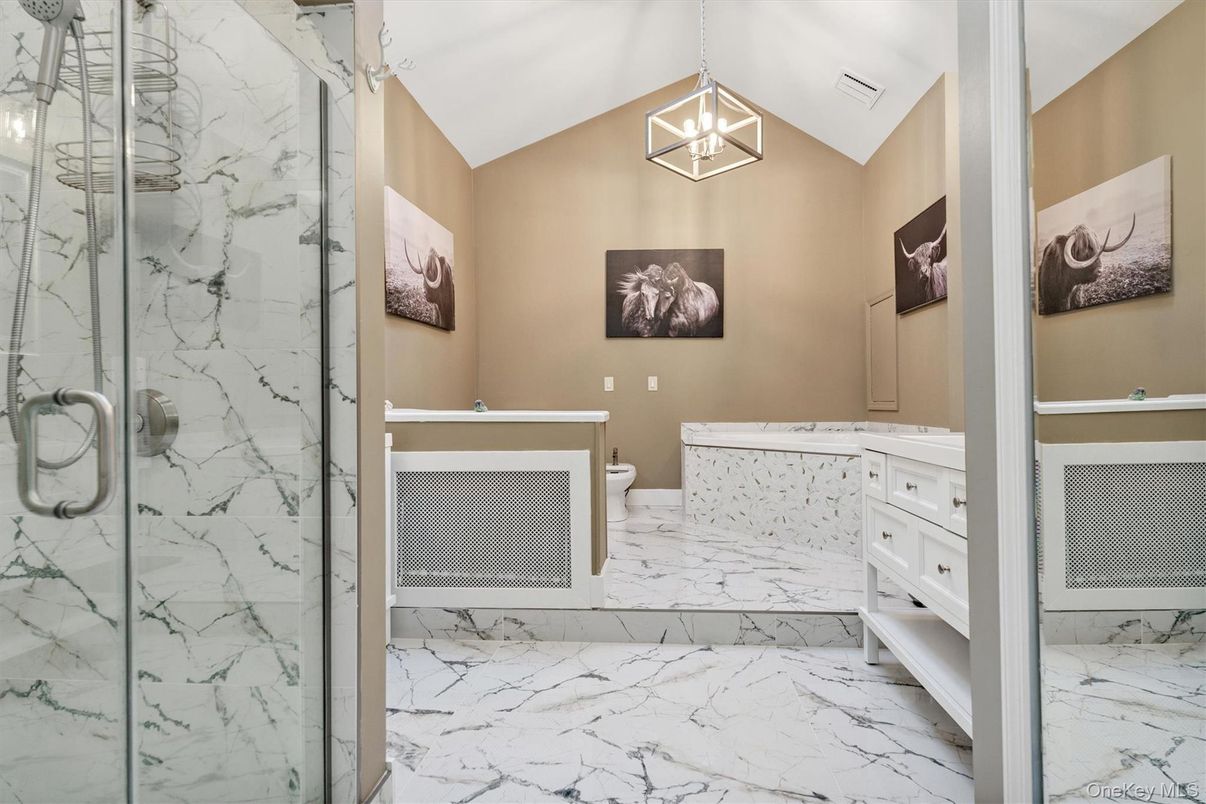 Bathroom, Glass Shower, Interior, Marble, Marble Walls, Pendant Lights