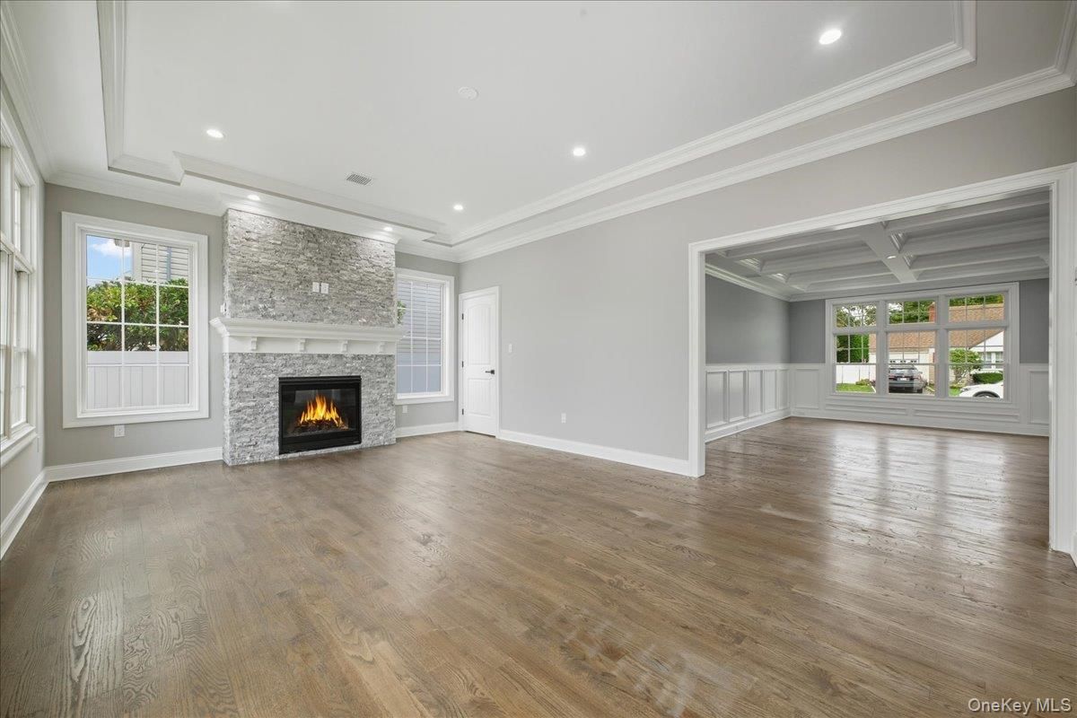 Empty room, Fireplace, Interior, Recessed Lighting, Wood Texture Flooring