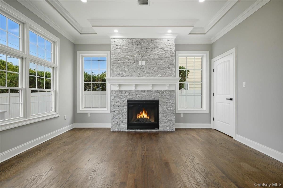 Empty room, Fireplace, Interior, Recessed Lighting, Wood Texture Flooring