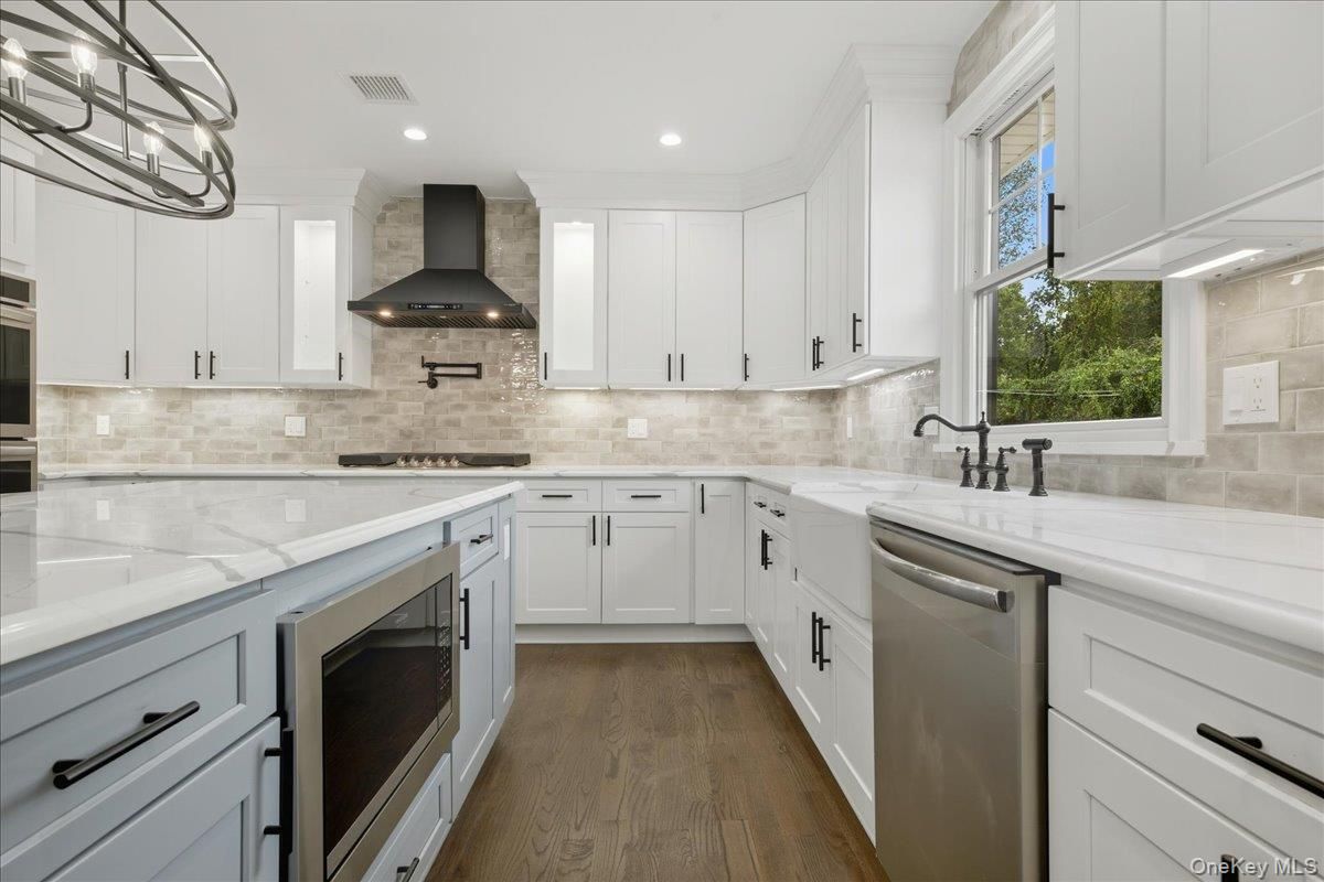 Interior, Kitchen, Recessed Lighting, Stainless Steel Appliances, Stone Walls, Wood Texture Flooring