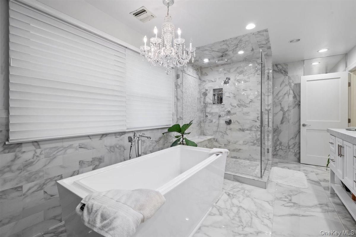 Bathroom, Chandelier, Glass Shower, Interior, Marble, Marble Walls, Recessed Lighting